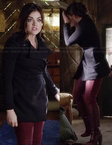 Aria's black textured coat and red studded heel boots on Pretty Little Liars