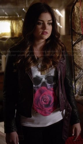 Aria's skull and flower tee with purple leather jacket on Pretty Little Liars