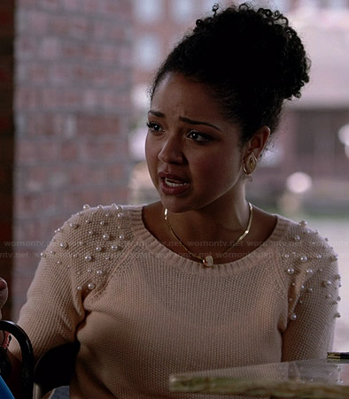 Beth's pearl shoulder sweater on Chasing Life