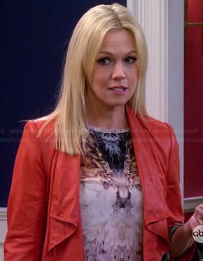 Charlie's mirrored graphic print top and red leather jacket on Mystery Girls