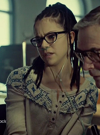 Cosima’s white henley sweater with blue pattern on Orphan Black
