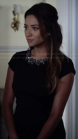 Emily's black embellished playsuit on Pretty Little Liars