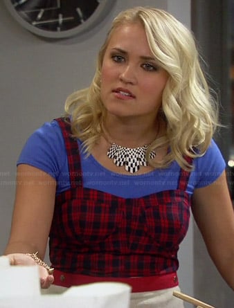 Gabi’s red plaid bustier dress and blue top on Young and Hungry