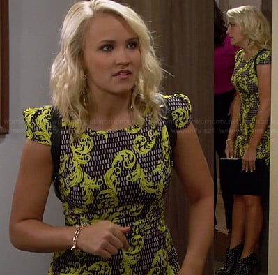 Gabi's yellow and black patterned cap-sleeve dress and studded ankle boots on Young and Hungry