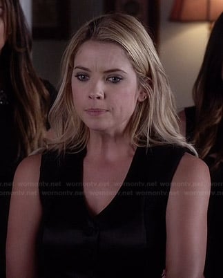 Hanna's black v-neck button front dress on Pretty Little Liars