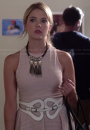 Hanna’s pink eyelet dress and wide white belt on Pretty Little Liars