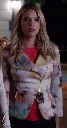 Hanna’s pink cutout sweater and floral asymmetric jacket on Pretty Little Liars