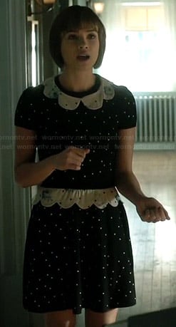 Heather's polka dot dress with scalloped collar on Beauty and the Beast