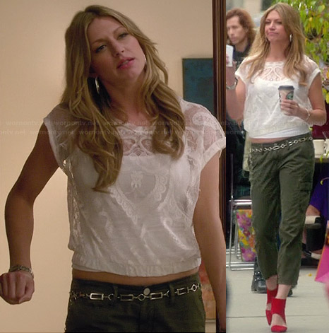 Josslyn's sheer lace top, green cargo pants and red cutaway ankle boots on Mistresses