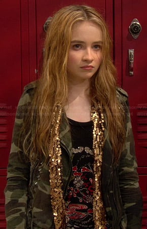 Maya's studded camo jacket and gold sequin scarf on Girl Meets World