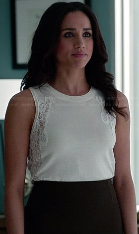 Rachel’s white top with lace sides on Suits