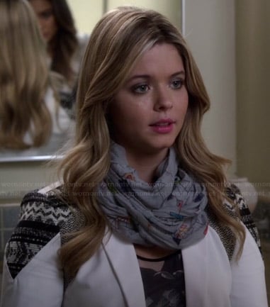 Ali’s white cropped jacket with patterned shoulders on Pretty Little Liars