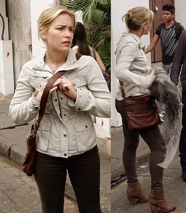 Annie's biege anorak, brown zipper bag and brown ankle boots on Covert Affairs
