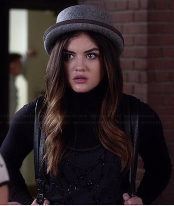 Aria's black beaded dress and grey bowler hat on Pretty Little Liars