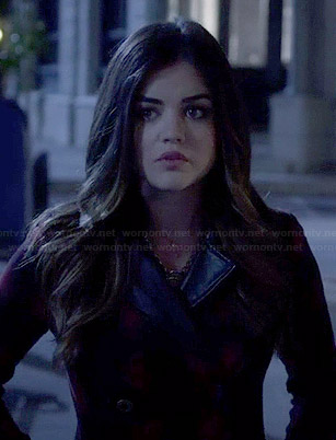 Aria's red plaid coat on Pretty Little Liars