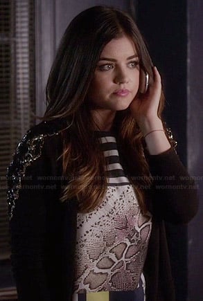 Aria's striped and snake printed top and embellished shoulder cardigan on Pretty Little Liars