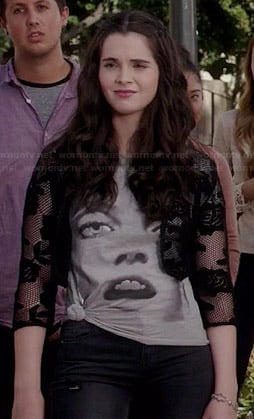 Bay's grey face graphic tee and lace cropped jacket on Switched at Birth