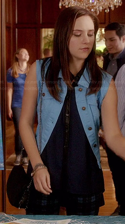 Brenna's blue plaid jeans, leather trimmed top and blue denim vest on Chasing Life
