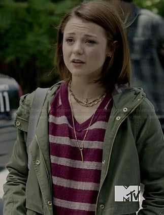 Carter's purple striped sweater with lace sleeves and green hooded jacket on Finding Carter