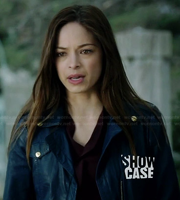 Cat's blue leather moto jacket on Beauty and the Beast
