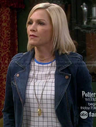 Charlie's checked print top and denim moto jacket on Mystery Girls