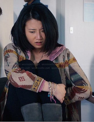 Christine’s tribal patterned cardigan on The Leftovers