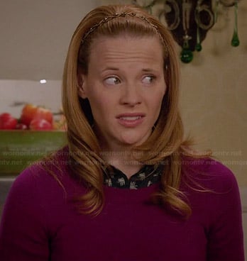 Daphne’s navy elephant print shirt and purple sweater on Switched at Birth