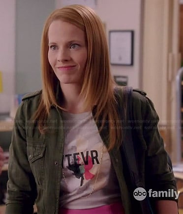 Daphne’s “wtevr” tee, cropped army jacket and pink skirt on Switched at Birth