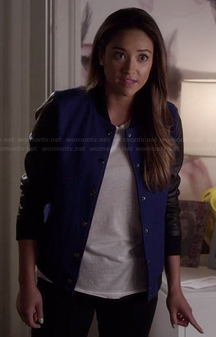 Emily's blue varsity jacket with leather sleeves on Pretty Little Liars