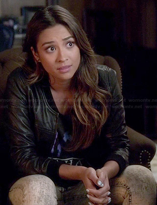 Emily's black perforated leather bomber jacket on Pretty Little Liars