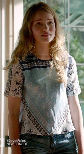 Emma's blue scarf print top on Royal Pains