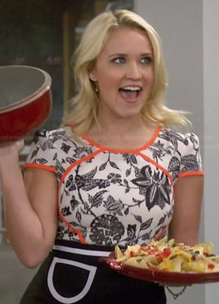 Gabi’s black and white floral dress with orange trim on Young and Hungry