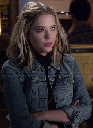 Hanna's black turtleneck mini dress and denim jacket on Pretty Little Liars