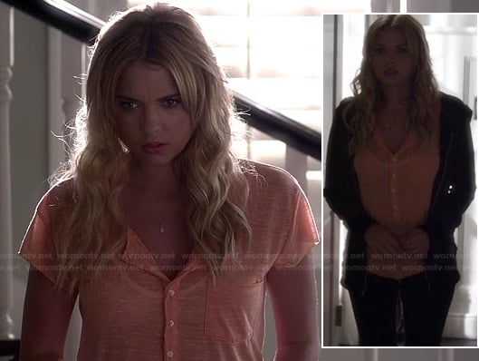 Hanna's peach henley tee and grey hoodie on Pretty Little Liars