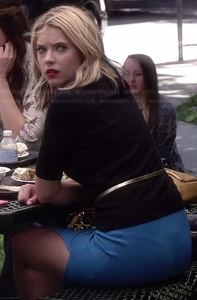 Hanna's black top and blue pencil skirt on Pretty Little Liars