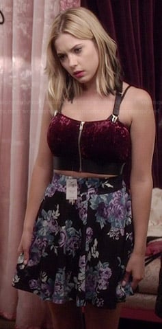Hanna's red velvet zip front crop top and floral circle skirt on Pretty Little Liars