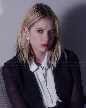 Hanna’s white sleeveless shirt, sheer-sleeved jacket and blue circle earrings on Pretty Little Liars