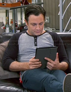 Josh's grey and black henley tee on Young and Hungry