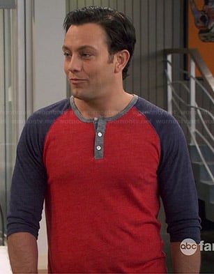 Josh's red and navy henley tee on Young and Hungry