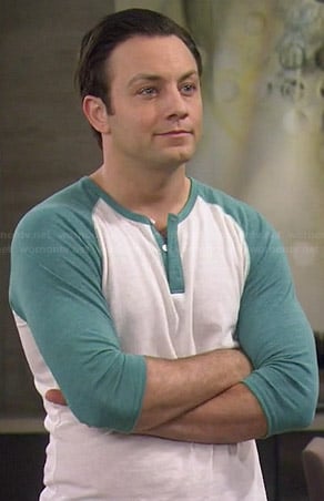 Josh's green baseball henley tee on Young and Hungry