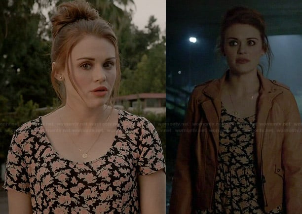 Lydia’s black floral dress and peach leather jacket on Teen Wolf