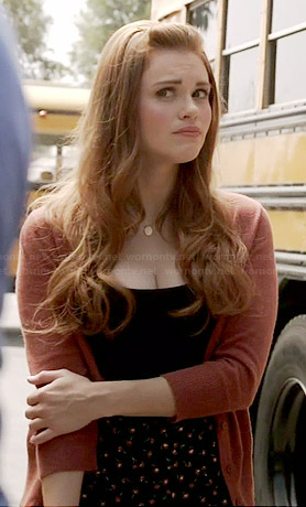 Lydia's brown cardigan and floral skirt on Teen Wolf