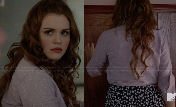 Lydia’s purple pin dot shirt and black floral skirt on Teen Wolf