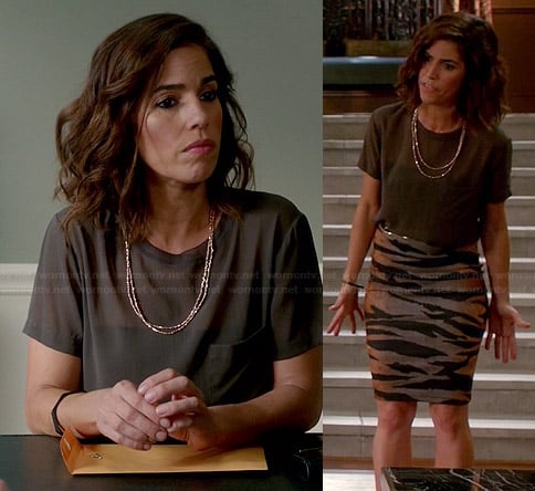 Marisol’s grey silk tee and zebra print skirt on Devious Maids