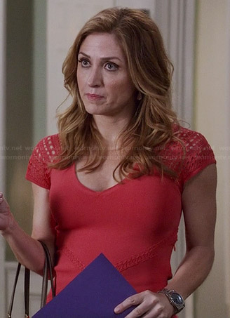 Maura’s coral dress with knit shoulders on Rizzoli and Isles