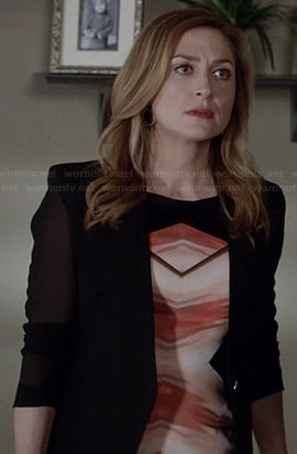 Maura's orange chevron print dress and sheer sleeved blazer on Rizzoli and Isles