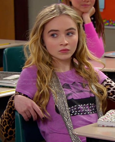 Maya's purple studded lips graphic tee and long sleeved leopard print top on Girl Meets World