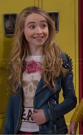 Maya’s skull and rose graphic tee and denim jacket with studded shoulders on Girl Meets World