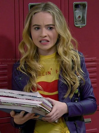 Maya's yellow lips graphic tee and purple leather moto jacket on Girl Meets World