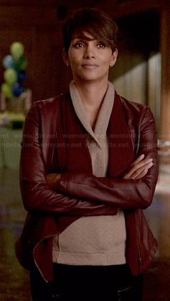 Molly's oxblood draped front leather jacket on Extant